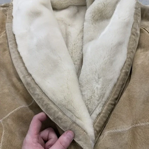 Vintage Tan Suede Shearling Coat Long Faux Fur Trim Toggle Jacket Tan Cream - Picture 6 of 10